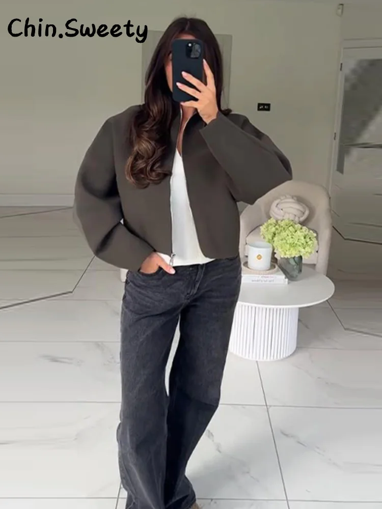 Повседневные женские вязаные укороченные куртки с воротником-стойкой - Фотография_4