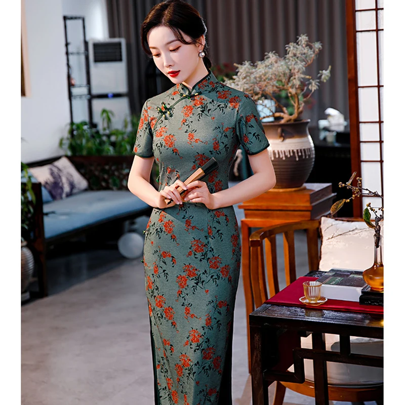 Китайский винтажный cheongsam темно-зеленый - Фотография_6