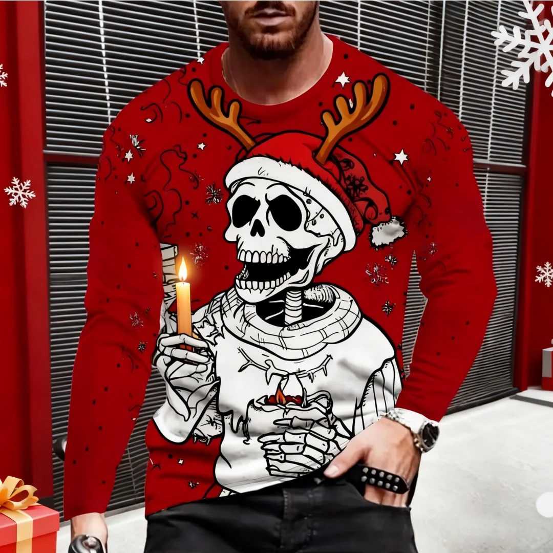 Новая рождественская футболка с рисунком черепа для мужчин - Фотография_4