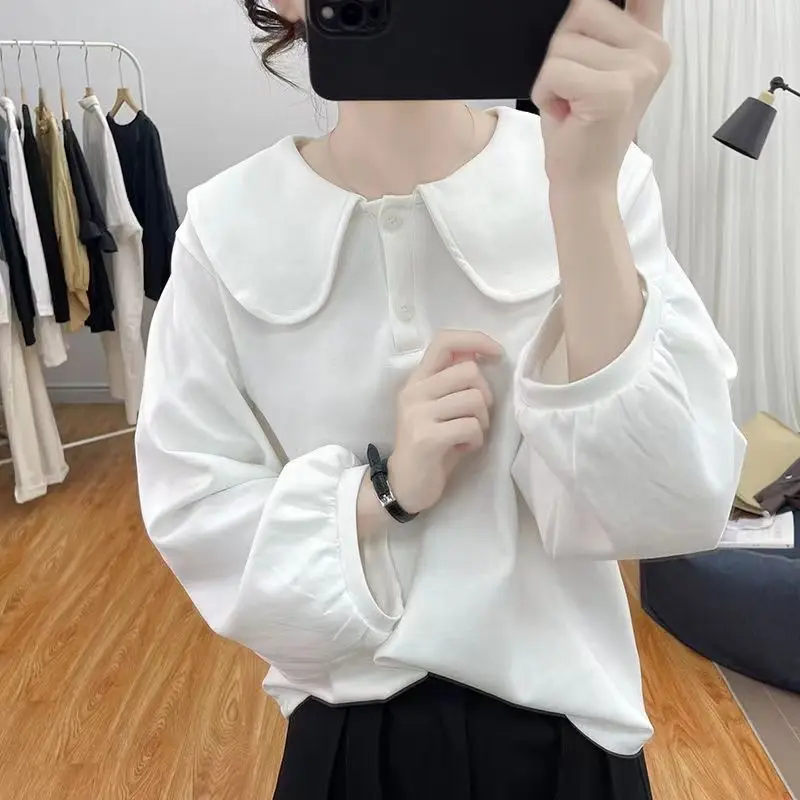 Милый однотонный повседневный свитшот с воротником «питер пэн» - Фотография_5