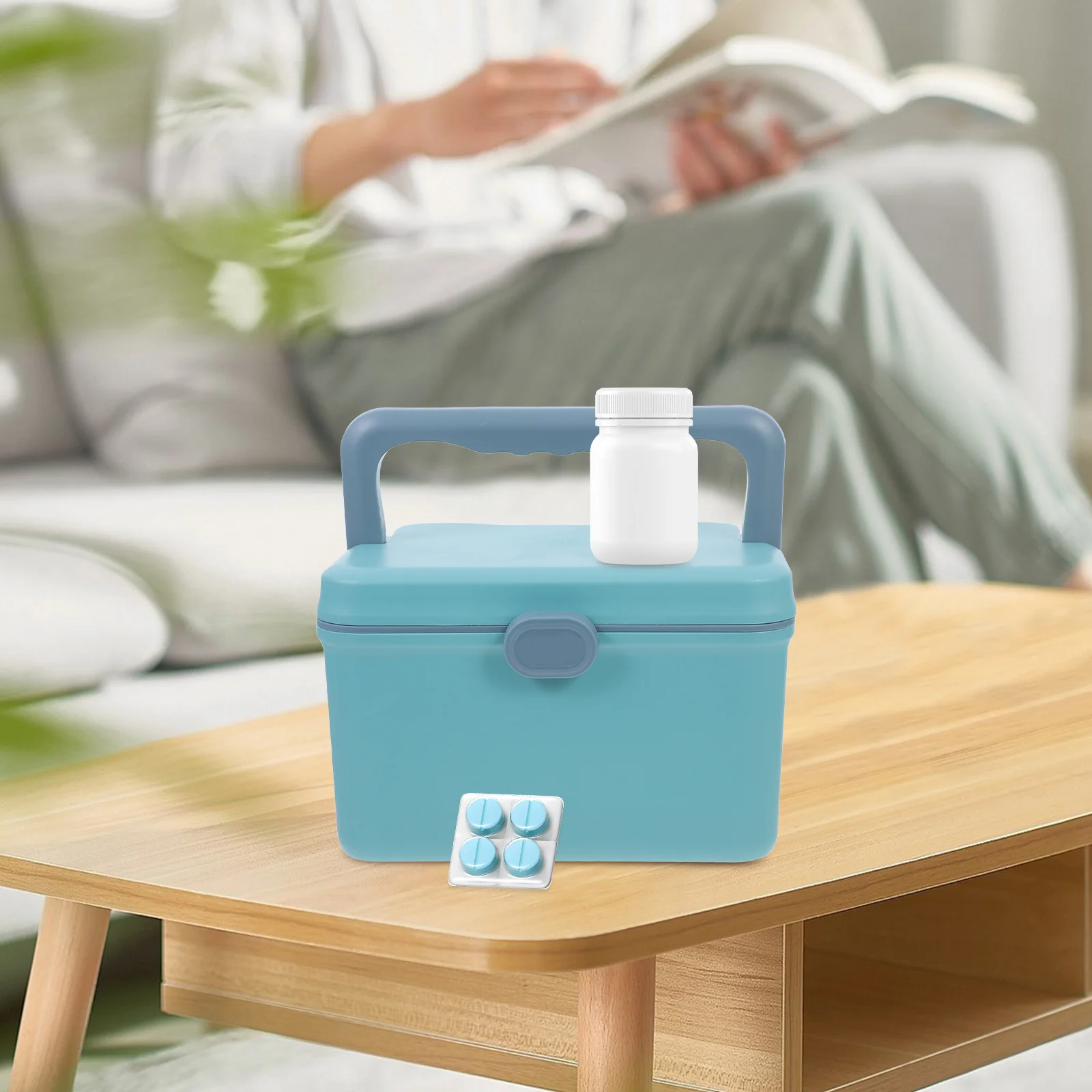 Синяя большая вместительная коробка для хранения лекарств с ручкой - Фотография_3