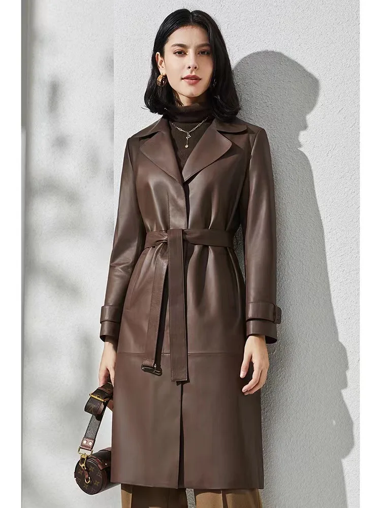 Женский стильный повседневный плащ средней длины из натуральной овчины