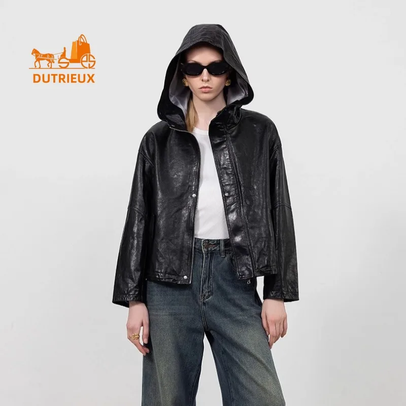 Осенне-зимняя женская свободная короткая кожаная куртка с капюшоном - Фотография_5