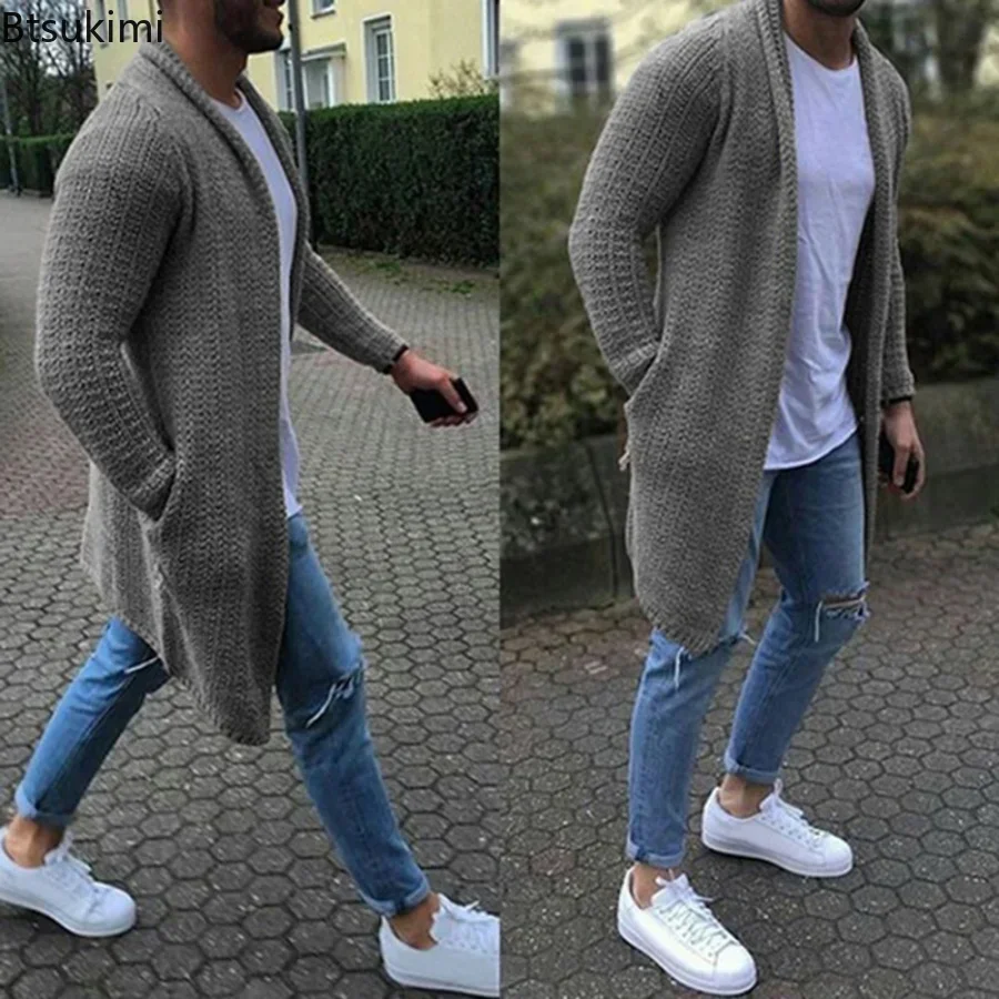 Мужской приталенный длинный вязаный кардиган - Фотография_2