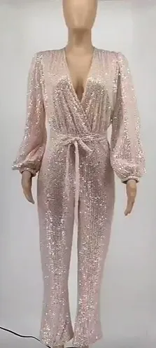 Комбинезон женский сексуальный с v-образным вырезом и блестками - Фотография_6