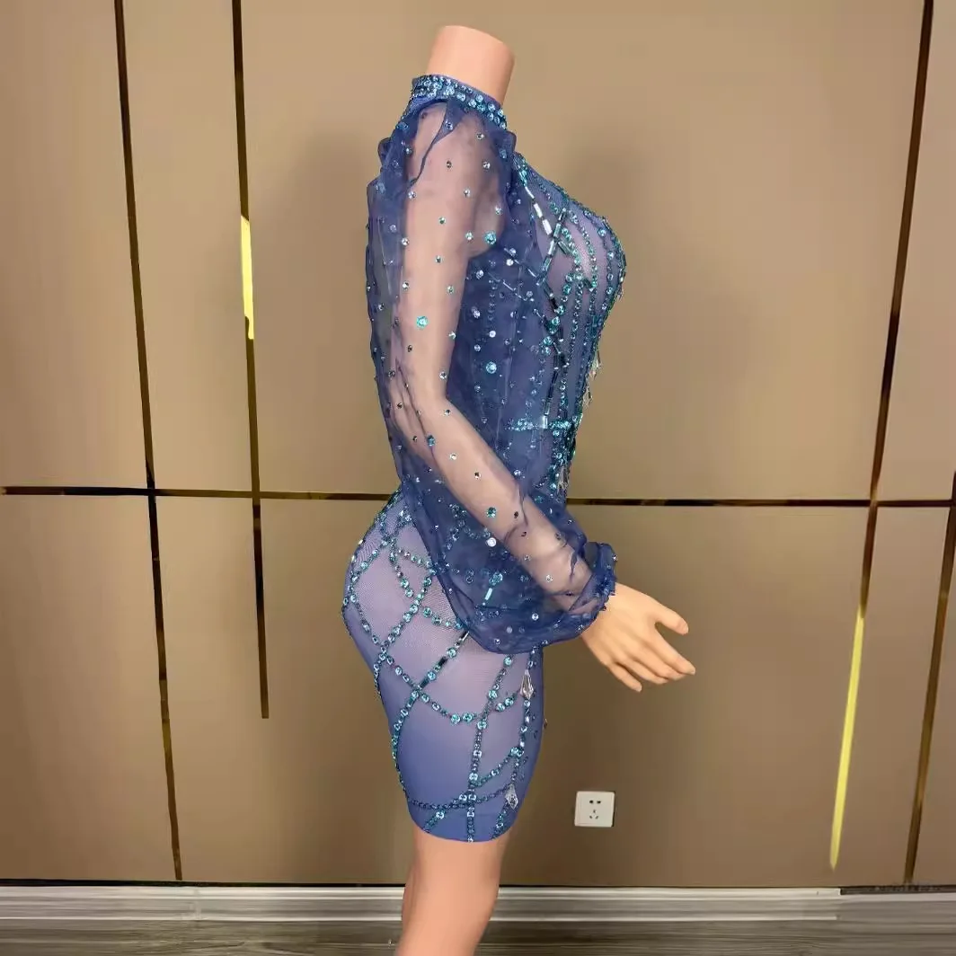 Платье performance blue rhinestone с объемными рукавами для ночного клуба - Фотография_4