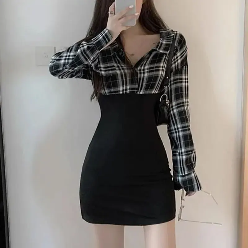 Корейские клетчатые модные лоскутные платья - Фотография_2
