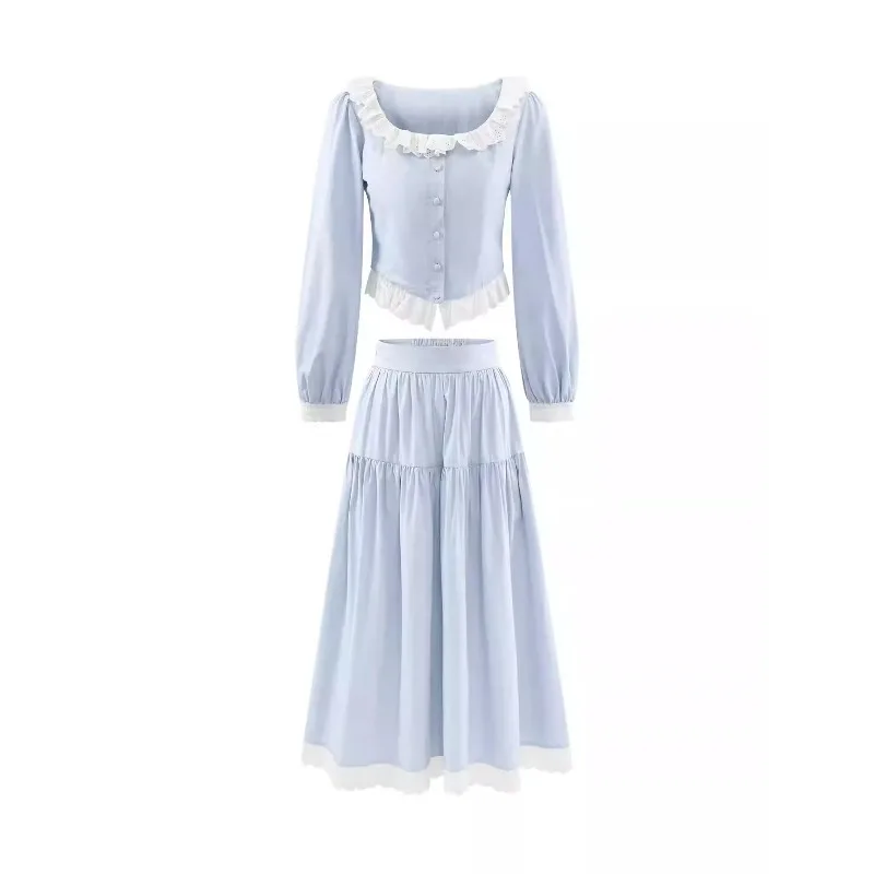 Элегантный винтажный кружевной комплект блузки и юбки с квадратным вырезом - Фотография_6