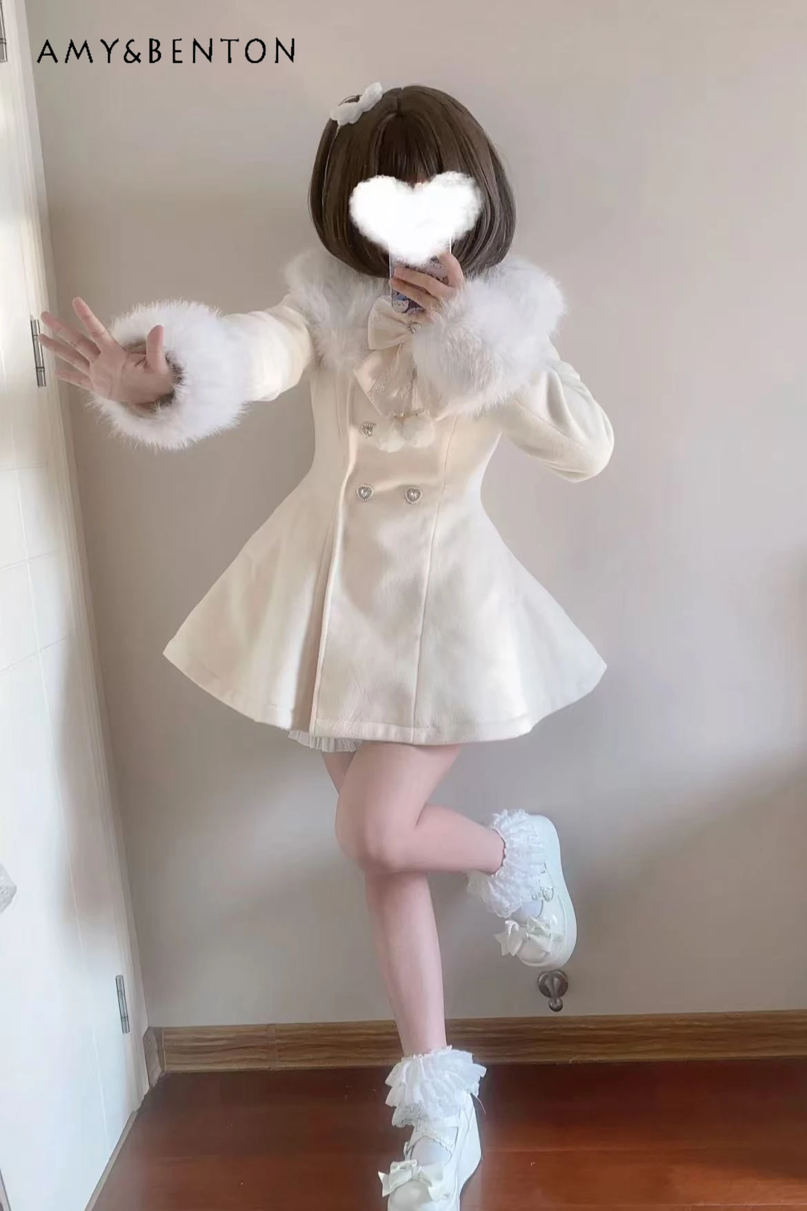 Черное шерстяное пальто в японском стиле с милым бантом для женщин