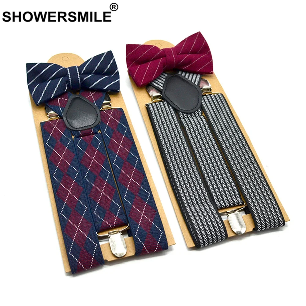 Showersmile, черно-белый полосатый комплект подтяжек с галстуком-бабочкой - Фотография_6