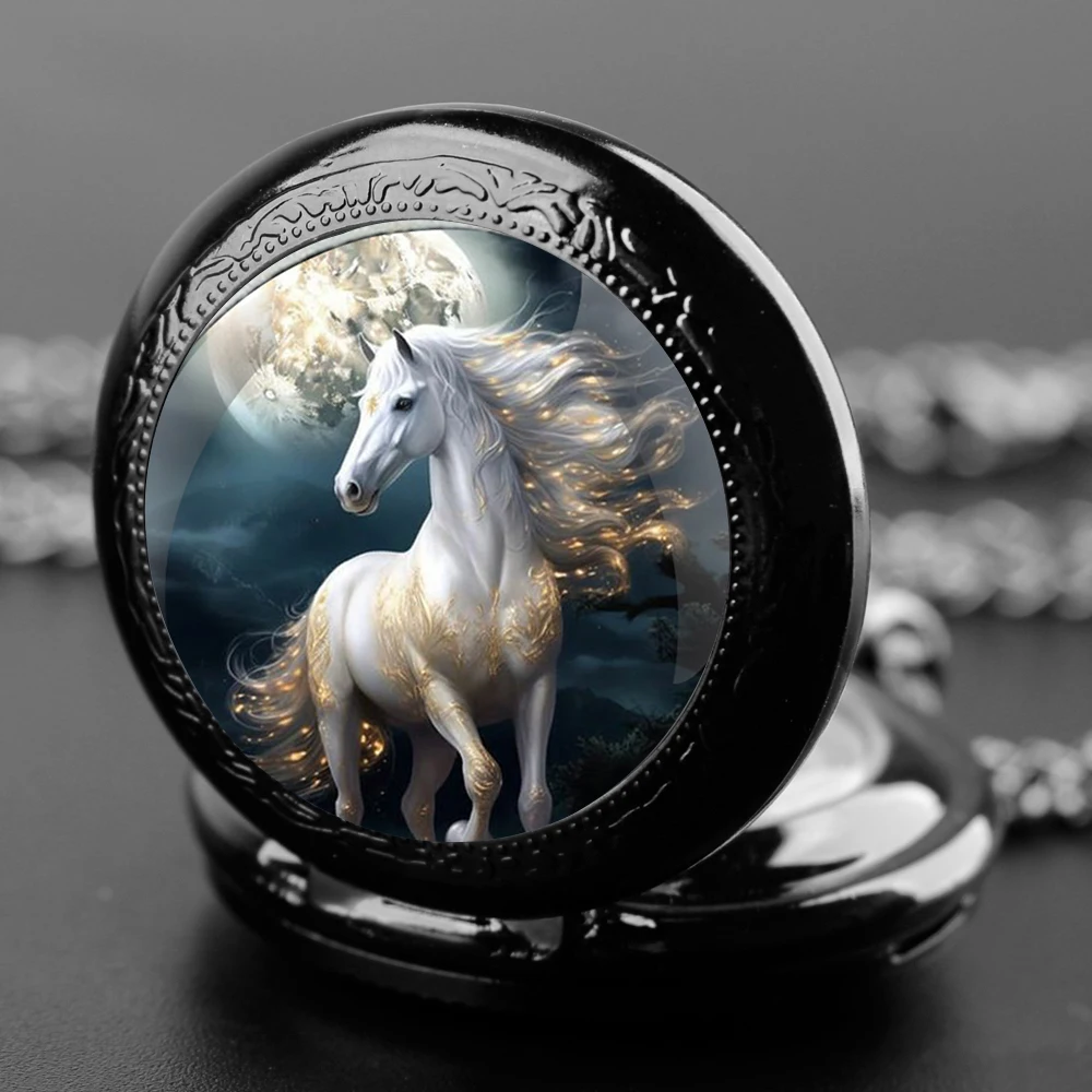 New classic horse quartz pocket watch cool black necklace