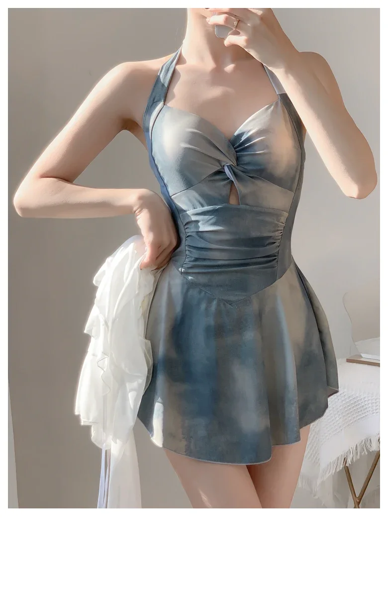 Tie-dye blue neck dress one-piece - Фотография_3