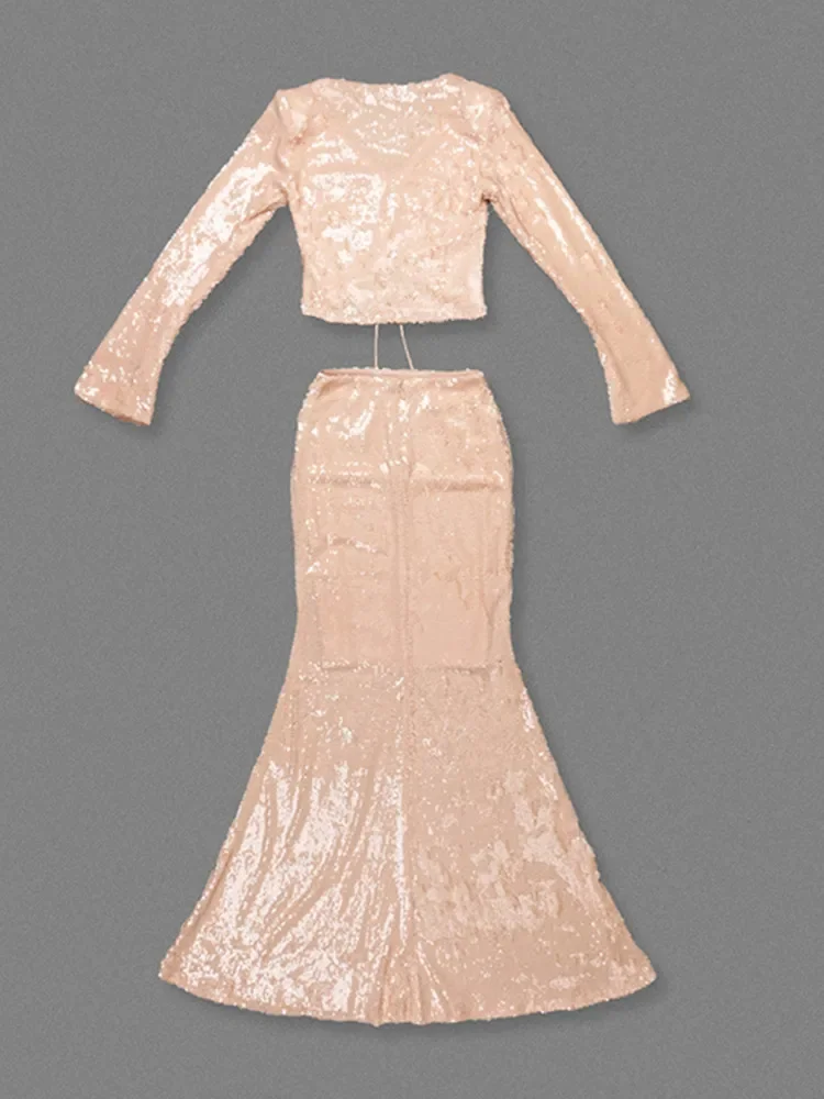 Женский сексуальный сетчатый комплект с длинными рукавами и блестками - Фотография_6