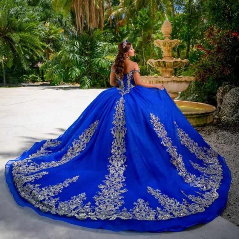 Королевское синее платье quinceanera с открытыми плечами - Фотография_3