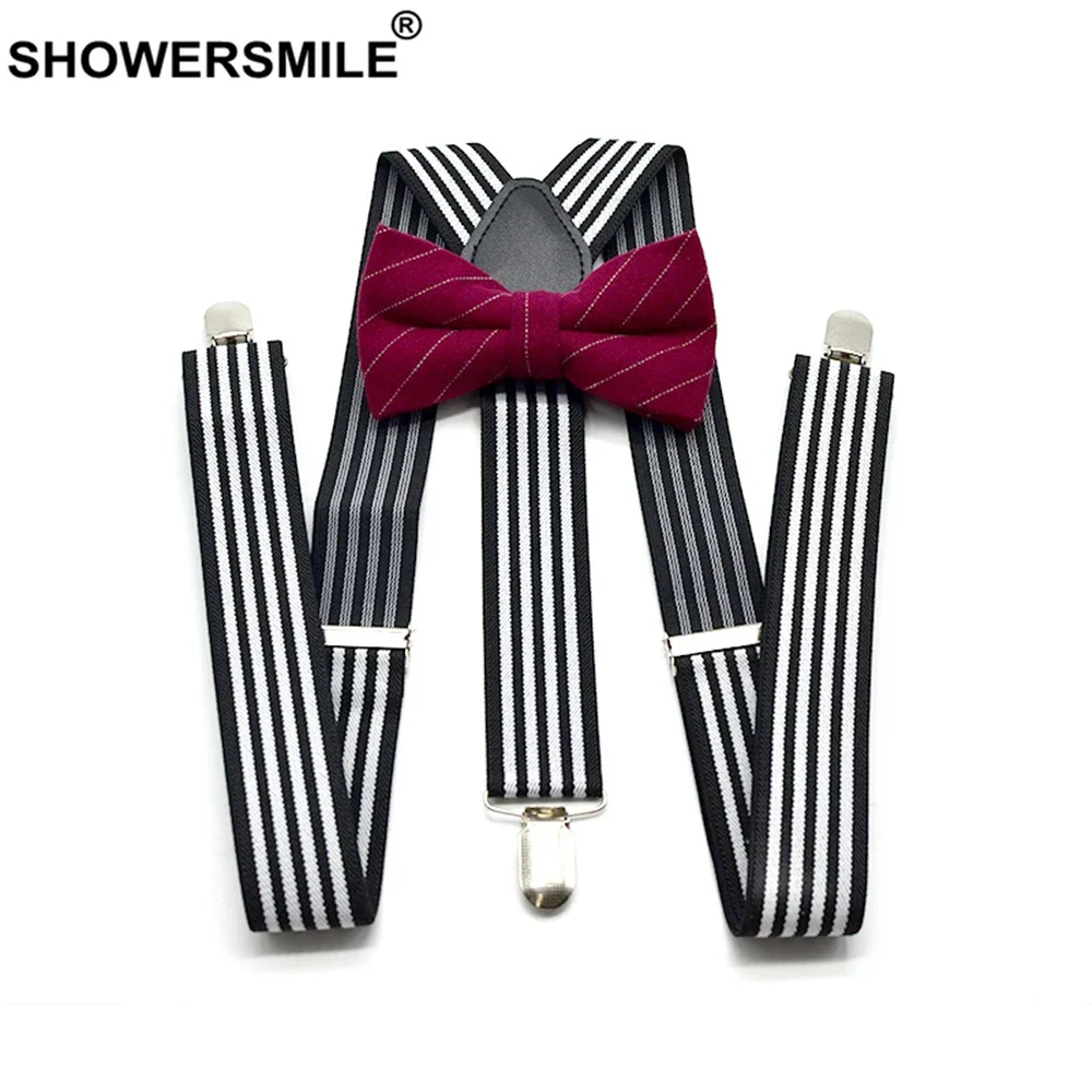 Showersmile, черно-белый полосатый комплект подтяжек с галстуком-бабочкой
