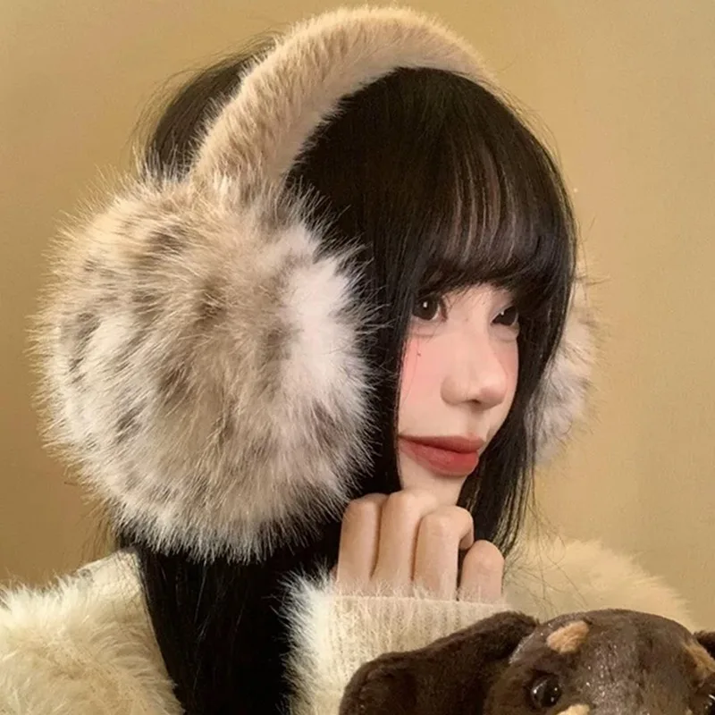 Новые модные пушистые наушники с кофейным леопардовым принтом для женщин - Фотография_2