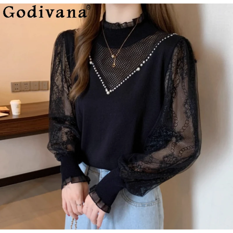 Большой размер, кружевная рубашка с длинным рукавом и полуводолазкой