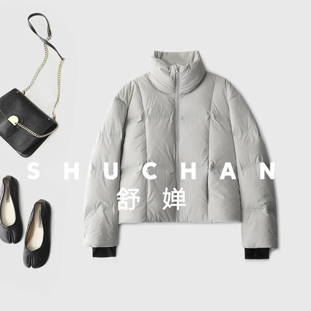 Короткая женская зимняя куртка на гусином пуху с воротником-стойкой - Фотография_3