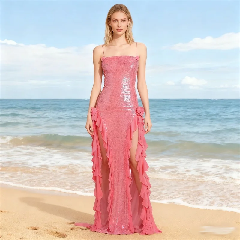Женское блестящее розовое пляжное платье с высоким и низким вырезом - Фотография_2