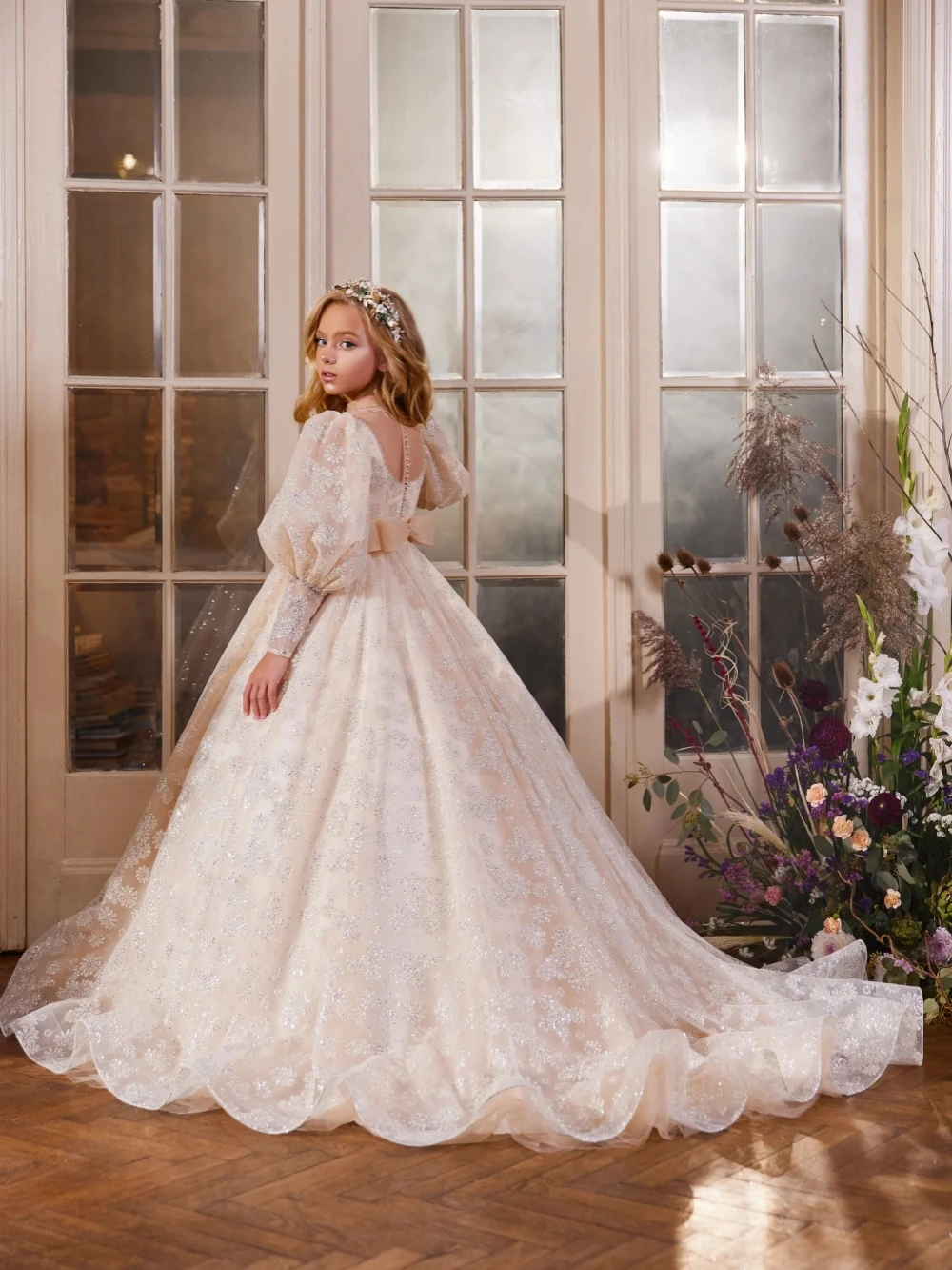 Роскошное длинное платье трапециевидной формы с блестками для девочек - Фотография_4