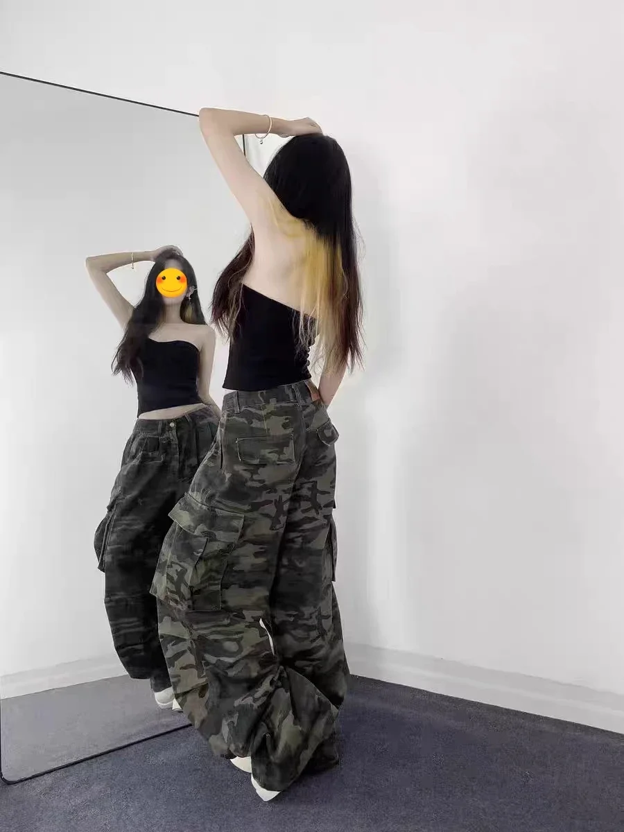 Американские уличные ретро камуфляжные широкие джинсы для мужчин и женщин - Фотография_2