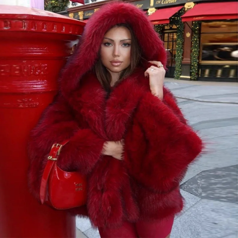 Trendix красное пальто с капюшоном из искусственного меха femme - Фотография_3