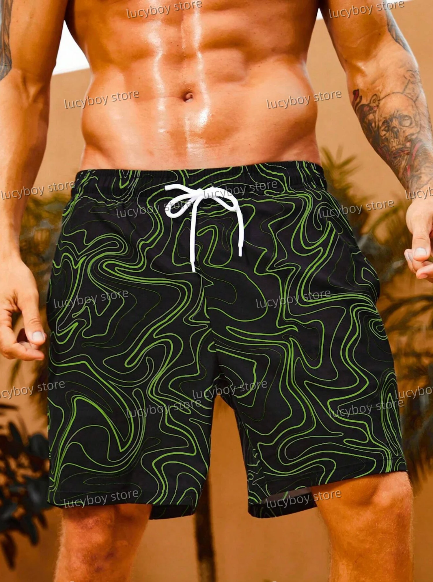 Мужские тонкие повседневные летние пляжные шорты с принтом на шнурке - Фотография_5