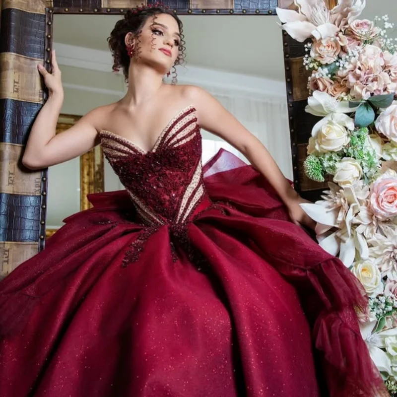 Блестящее винно-красное платье quinceanera
