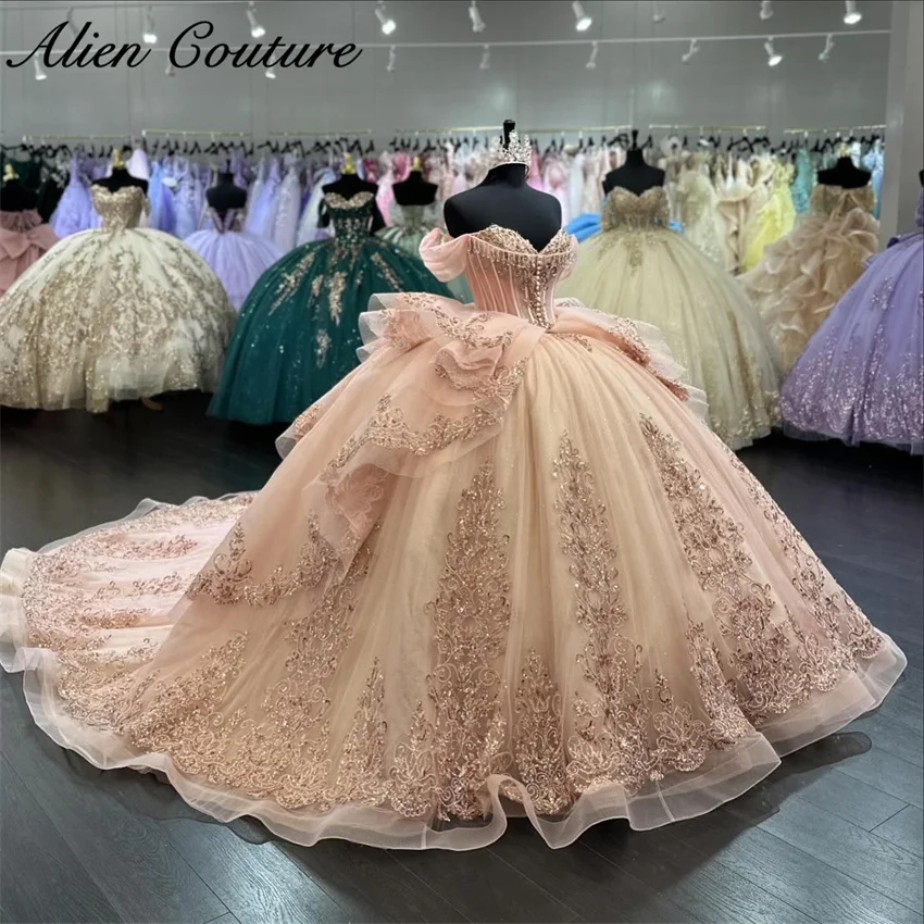 Розовое персиковое тюлевое платье quinceanera