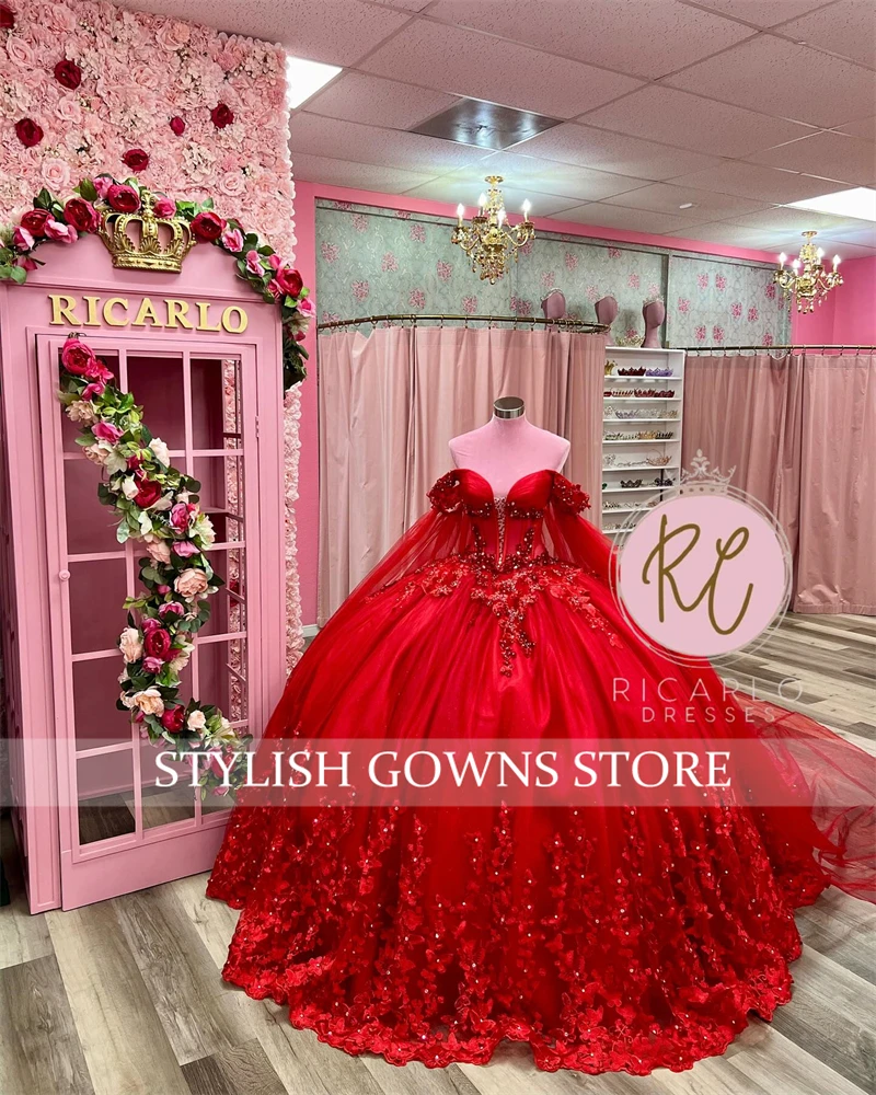 Красный 3d цветок quinceanera платья - Фотография_4