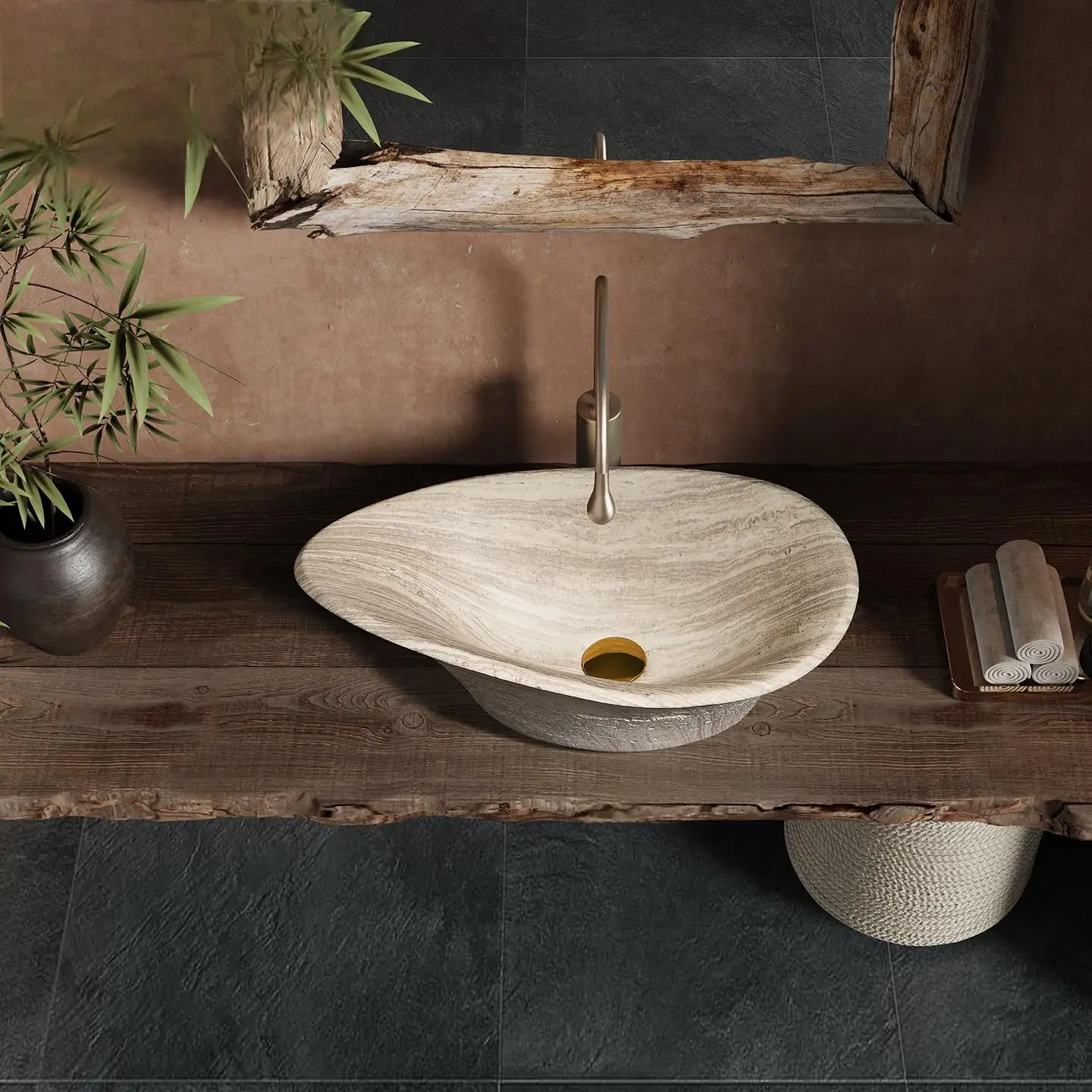 Винтажная бежевая травертиновая раковина