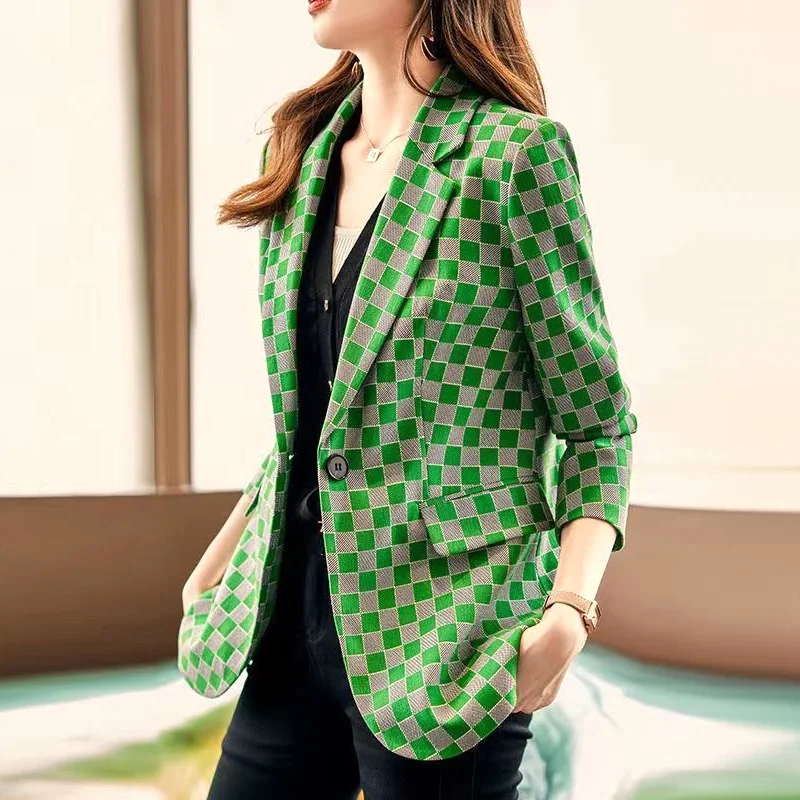 Женский повседневный свободный блейзер в клетку с длинным рукавом