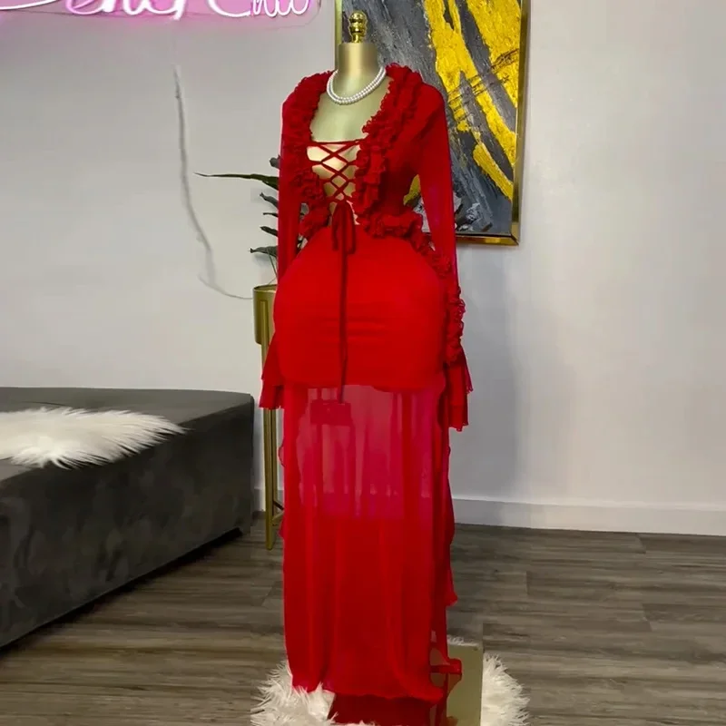 Модный женский комплект из сетки с длинными рукавами - Фотография_3