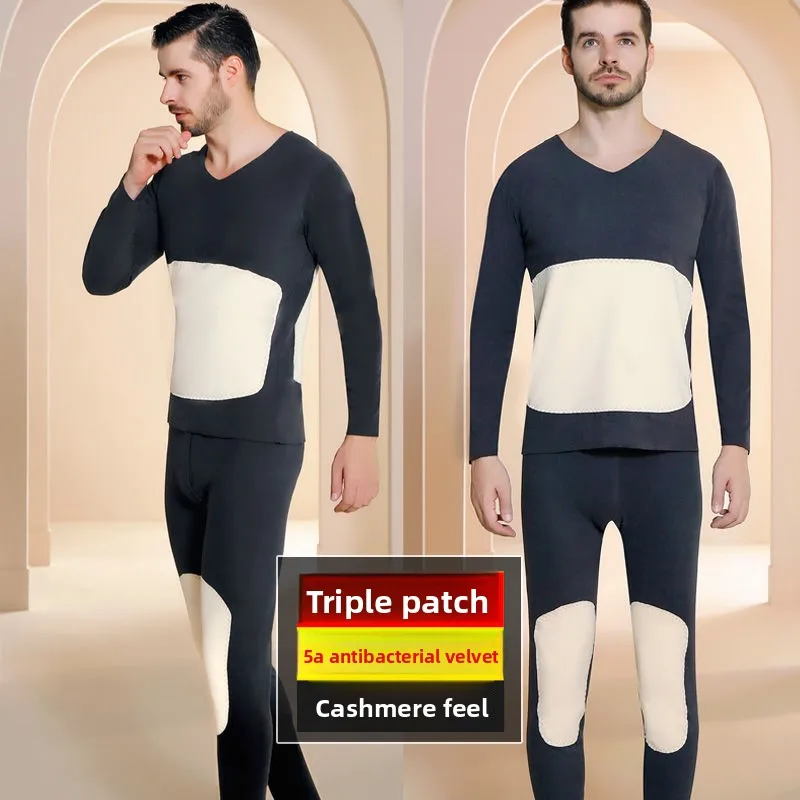 Флисовый бархатный осенне-зимний мужской комплект термобелья - Фотография_2