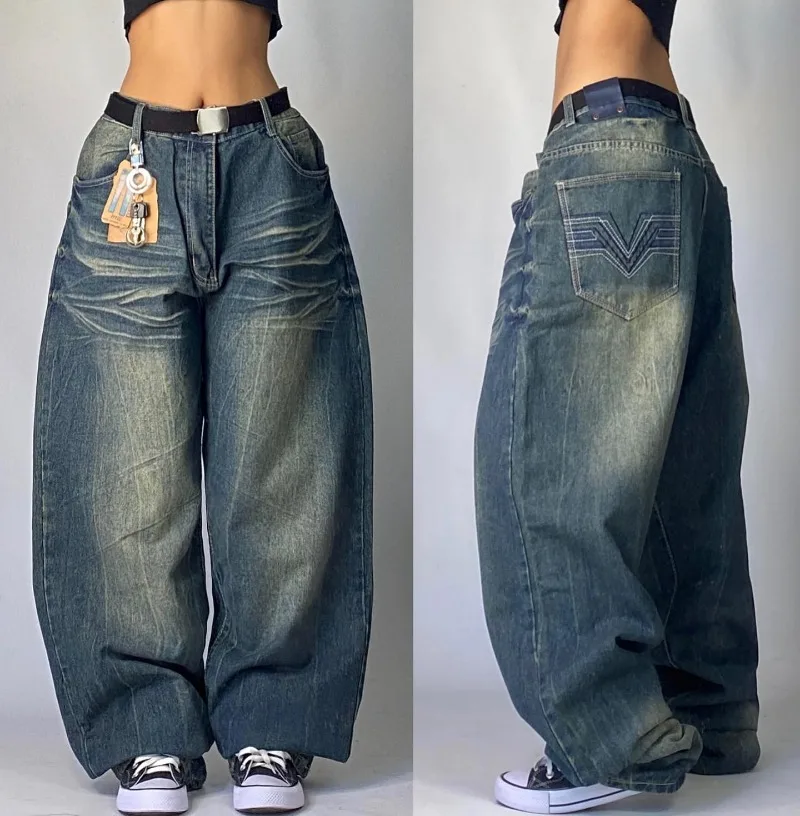 Американские новые модные однотонные потертые мешковатые джинсы y2k - Фотография_6