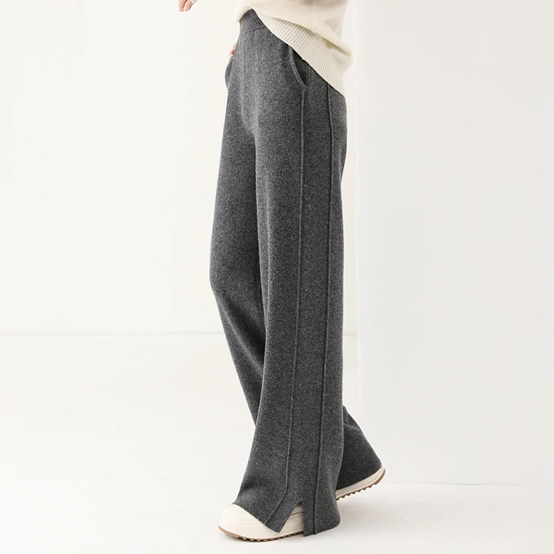 Women wool wide leg trousers elastic