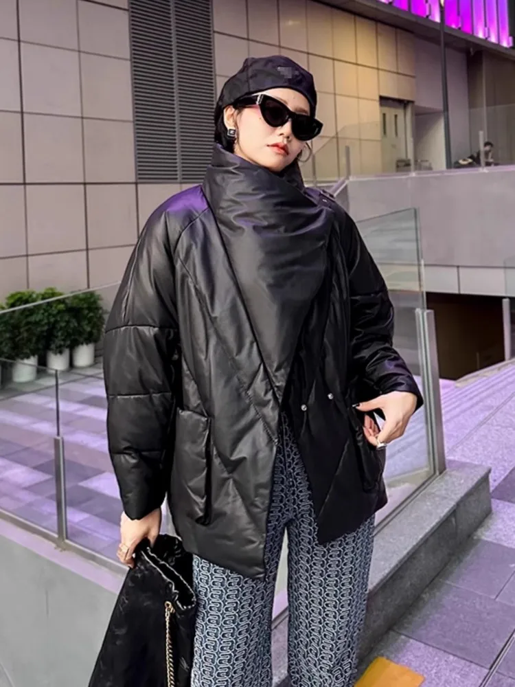 Матовое женское пуховое пальто из натуральной кожи - Фотография_3