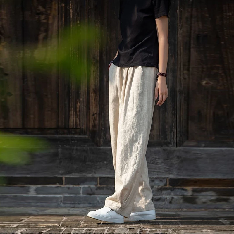 Женские летние хлопковые и льняные широкие брюки - Фотография_4