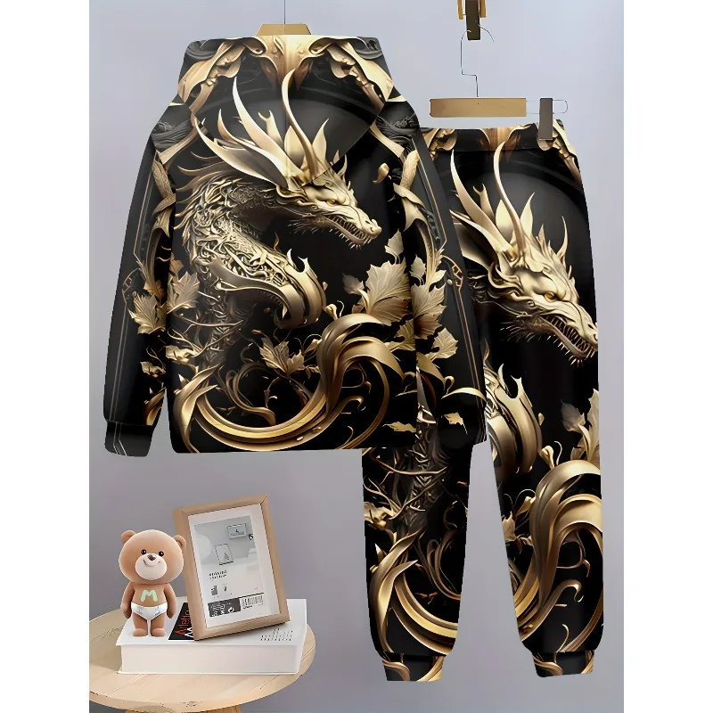 Мужской комплект с капюшоном с 3d рисунком дракона для весны и осени - Фотография_4