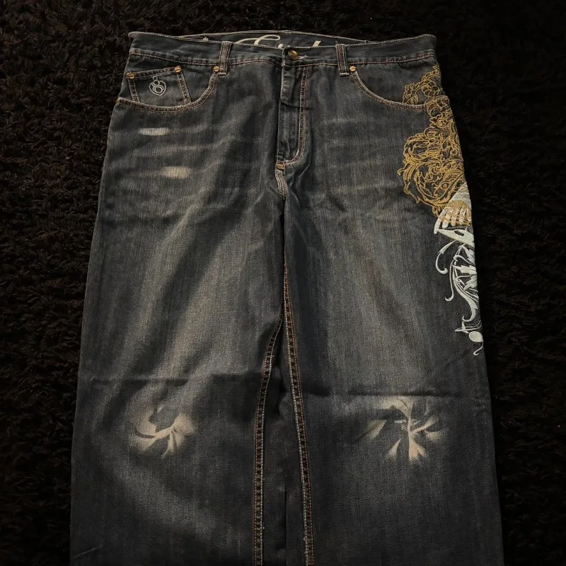 Американские новые модные мешковатые джинсы с вышивкой большого размера - Фотография_2