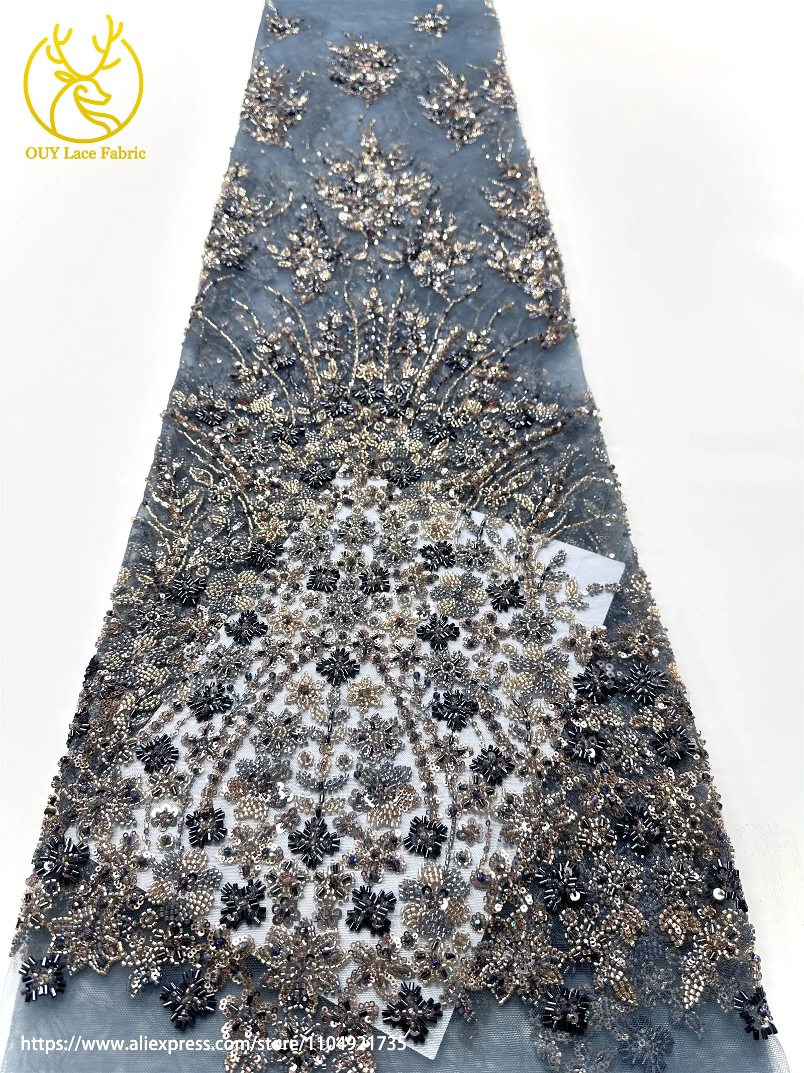 Новейшая африканская кружевная ткань с блестками и бисером - Фотография_3