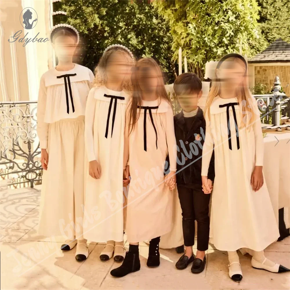 Элегантное черное платье с уздечкой для девочек с длинными рукавами