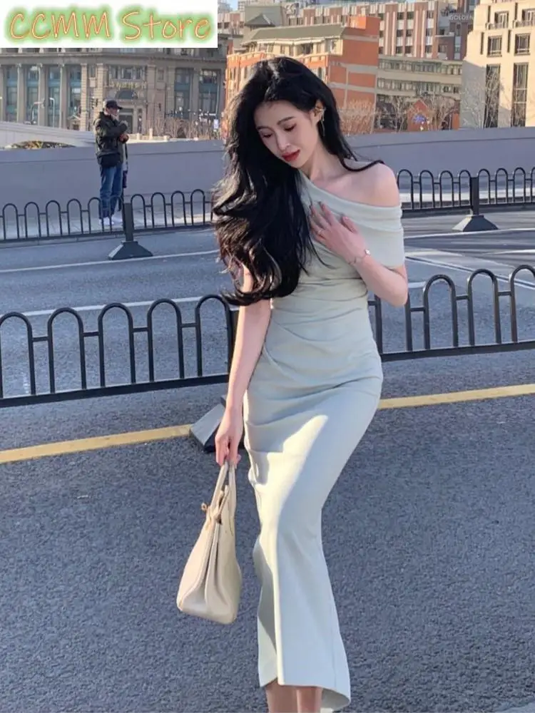 Новое французское элегантное однотонное платье миди для выпускного вечера - Фотография_5