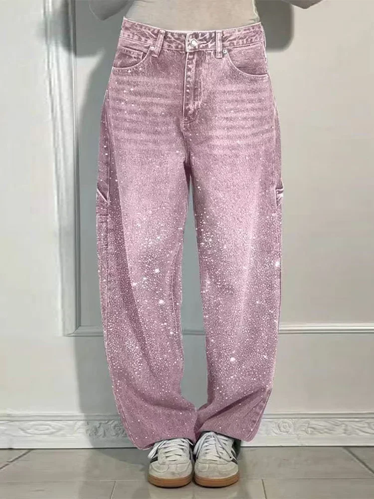 Мешковатые женские широкие джинсы с блестящими стразами - Фотография_3