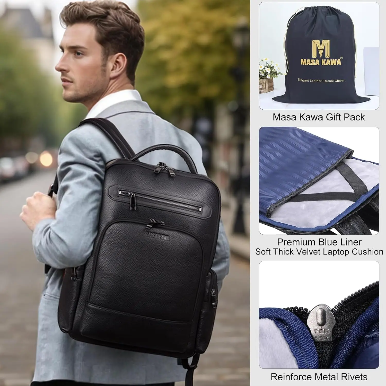 Черный кожаный рюкзак masa kawa для деловых поездок - Фотография_6