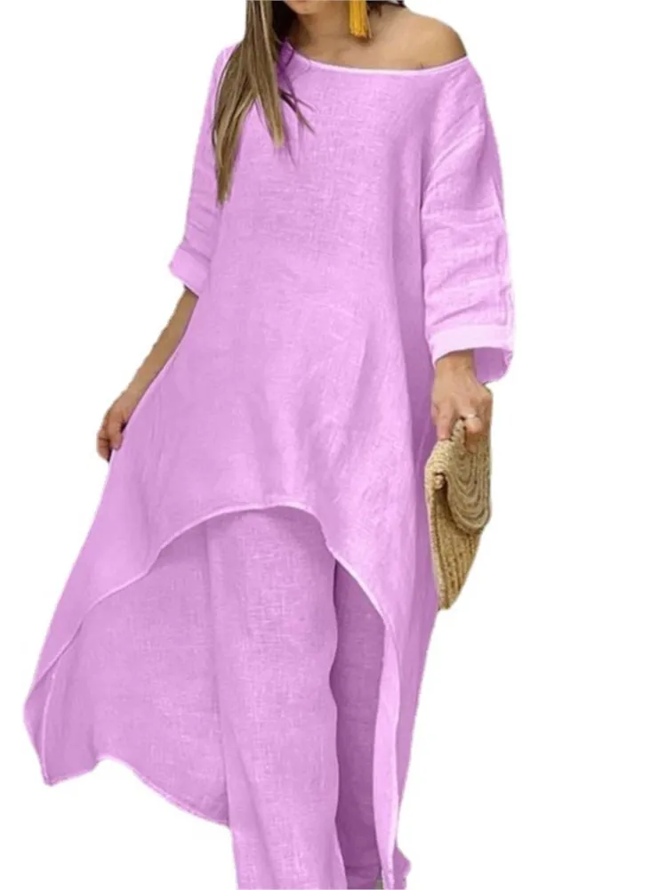 Женские комплекты из хлопка и льна с длинными брюками - Фотография_5