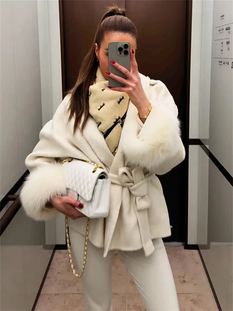 Trendix шерстяное женское осеннее пальто с лисьим мехом - Фотография_3