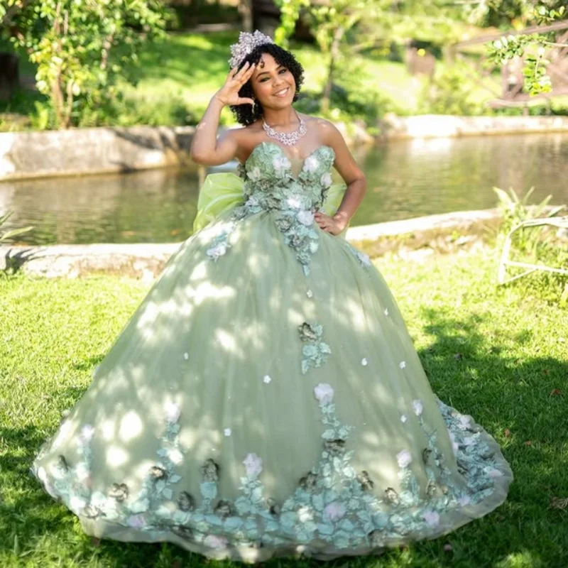 Мятно-зеленое платье quinceanera с открытыми плечами и 3d цветами