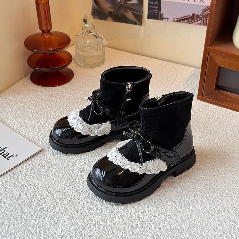 Детские модные ботинки с бантом и кружевом и оборками - Фотография_3