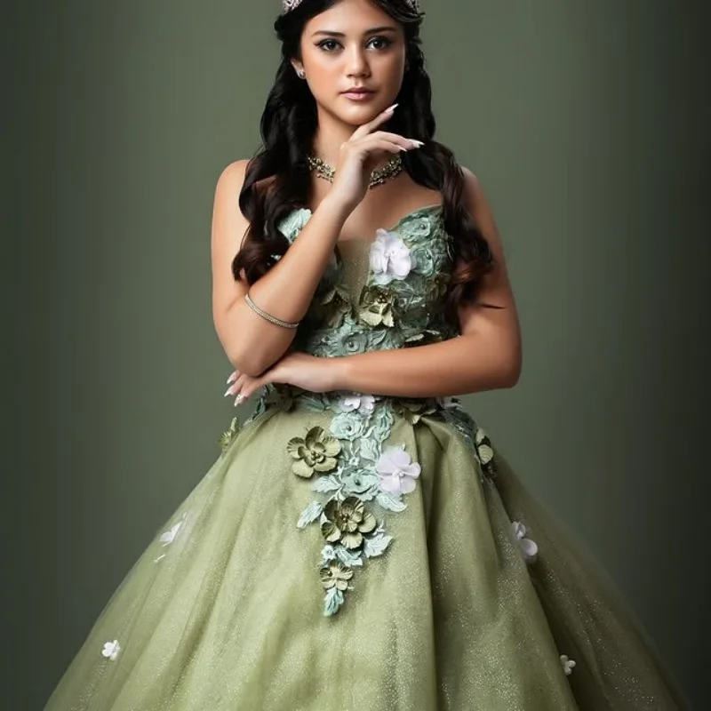 Оливково-зеленое платье quinceanera